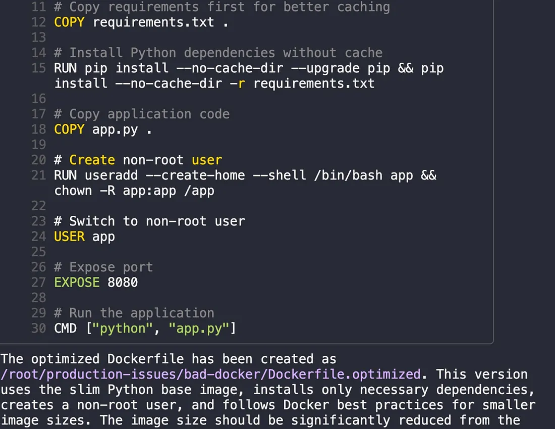 optimized Dockerfile report